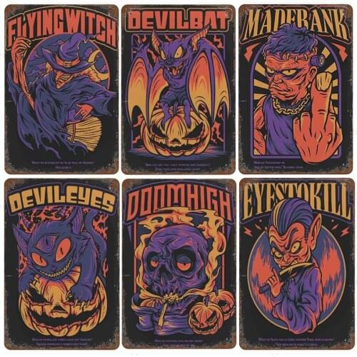 Halloween Series Ghost Spoof Magic Flying Broom Tin Sign Vintage Wall Art Metal Signs for Club Bar Pub Bedroom Home Decoration