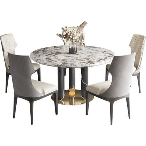 Modern light luxury natural marble solid wood dining table household simple round dining table chair combination