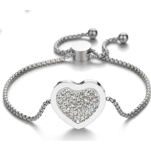 Rhinestone Crystal Love Heart Chain Stainless Steel Bracelets for Women Silver Color Charm Bracelet Jewelry Pulseras Mujer Moda