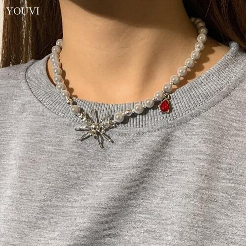 YOUVI Magic Luminous Beads Pearl Necklace for Women Dripping Blood Spider Pendants Men Necklacce Jewelry Charm Luminous Choker