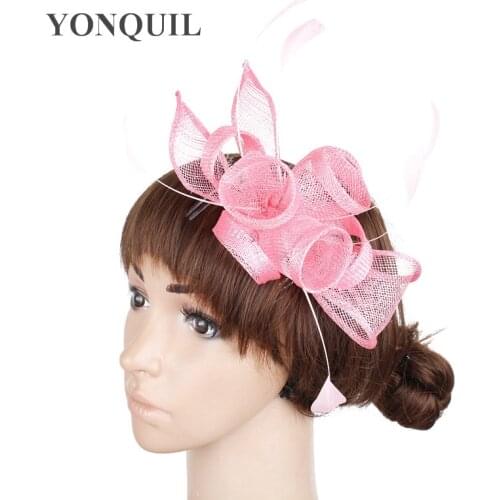 Ladies Pink Sinamay Fascinator Hat Hair Clip Fashion Women Wedding Party Elegant Fascinators Feather Hair Accessories SYF231