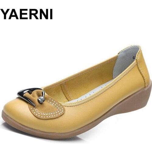 YAERNI Womens Shoes Brand Casual Genuine Leather Rhinestone Bowtie Loafers Woman Fashion Flats Ladies Soft