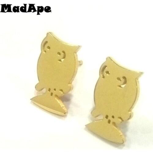 MadApe 2019 Hot Sale Gold Color Owl Stud Earrings 316L Stainless Steel Girl Earrings For Women Stud Earings 1 Pair