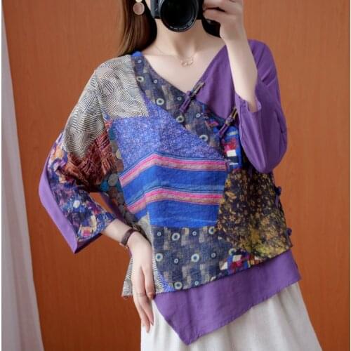 Chinese Style Womens Tops Vintage Printed Linen Shirts 2021 New Spring Autumn Casual Loose Plus Size Clothes Irregular Blouses