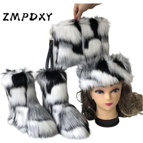 Womens Winter Fur Botas Mujer Fake Fur Snow Boots Bag Headband Sets Ladies Rain Cotton Shoes Female Plush High Platform Boots