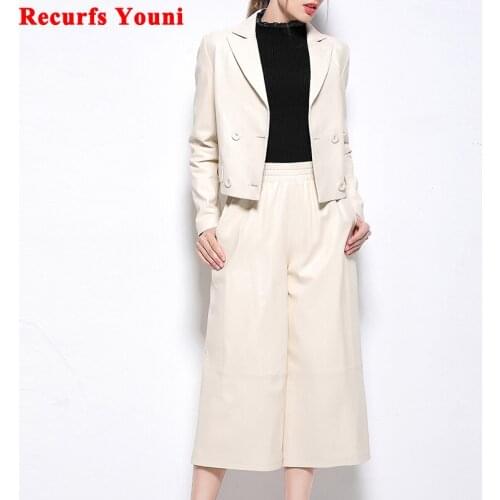 2 Piece Set European/American Genuine Leather Suit Jacket Women Elegant Chic Garment Femme Casual Elastic Waist Wide-leg Pants