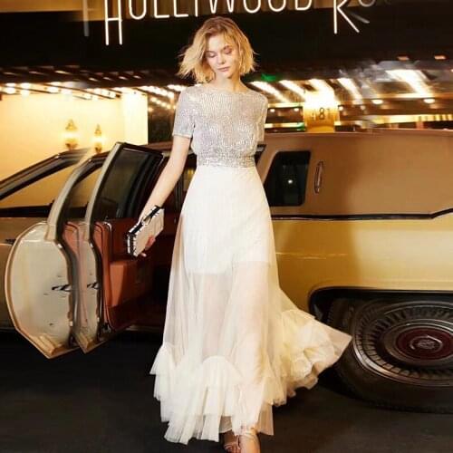 2019 Lastest Fashion T Show Style Party Women Long Dress White Sequin with Mesh Evening Party Gown Outfit Vestidos Wholesale