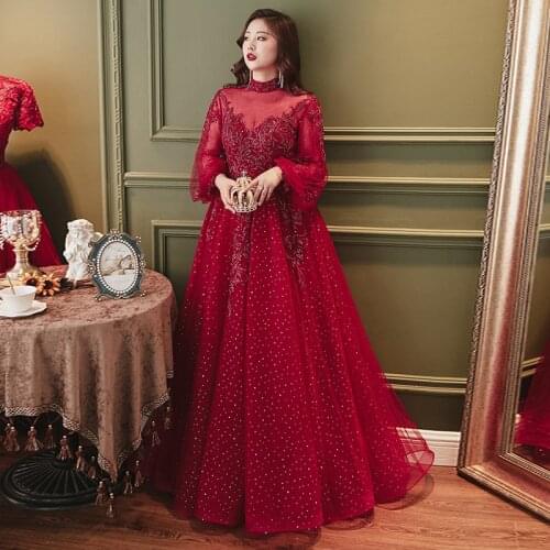 Sequins Embroidery High Neck Evening Dress Backless Full Sleeves Floor-Length Ruched A-Line Plus Size Women Formal Gowns D888