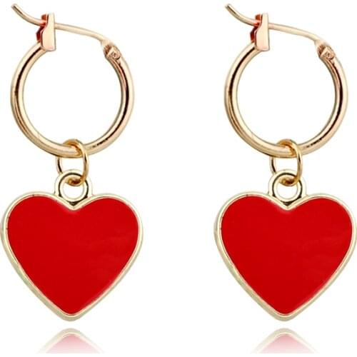 1Pair Exquisite European New Simple Cute Small Red Color Heart Hoop Earring Gold Color Round Charm Earring For Women JewelryE606