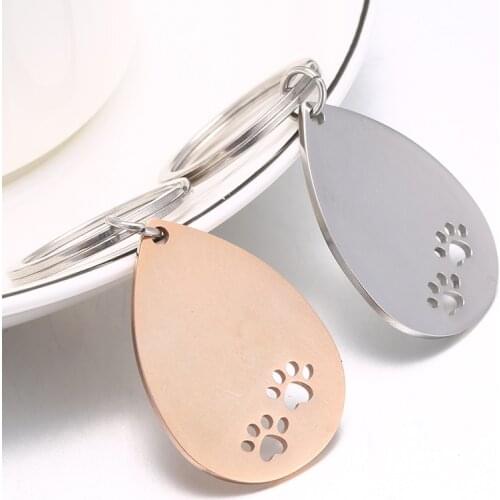 100% Stainless Steel Water Droplets Hollow Dog Paw Keychain Blank For Engrave Mirror Polished Wholesale 10pcs