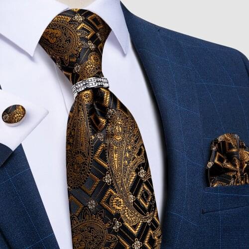 8cm Business Black Gold Paisley Tie Set 100 Silk Men Wedding Formal Business Necktie Accessories Hanky Cufflink Gravatas DiBanGu