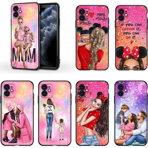 Lucky Cute Mom baby For Apple iPhone 13 12 11 Mini XS XR X Pro MAX SE 2020 8 7 6 5 5S Plus Black Silicone Phone Case