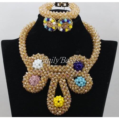 Champagne Gold Crystal Beads Bridal Necklace Set Nigerian Wedding African Beads Jewelry Set Christmas Gift Free Shipping AIJ390