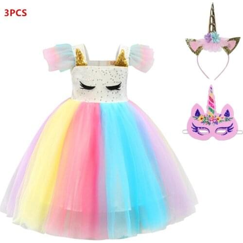 Kids Princess Dress Unicorn Girls Rainbow Gauze Princess Tutu Elegant Baby Girl Birthday Party Holiday Halloween Cosplay Dress