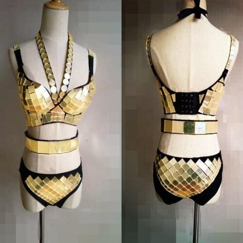 EC35 Silver mirror costumes gold color body stage show wears dj disco party bikini dress bra catwalk model bar performance cloth