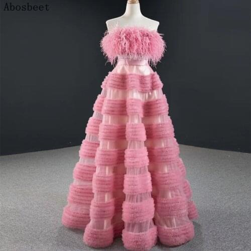 Elegant A Line Long Evening Dress 2021 Pink White Feather Top Strapless Formal Prom Party Gown Floor Lenght Lace Up New Arrival