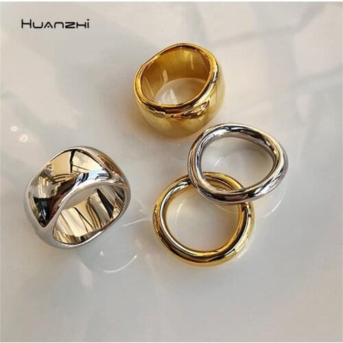 HUANZHI 2020 New Punk Geometry Irregularity Wide Surface Bright Side Gold Rings for Women Girls Gifts Party Jewelry