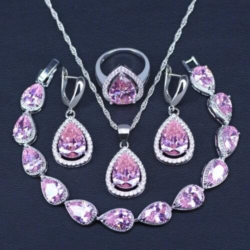 Promotion pink cubic zircon water drop silver color jewelry set earrings ring necklace bracelet set