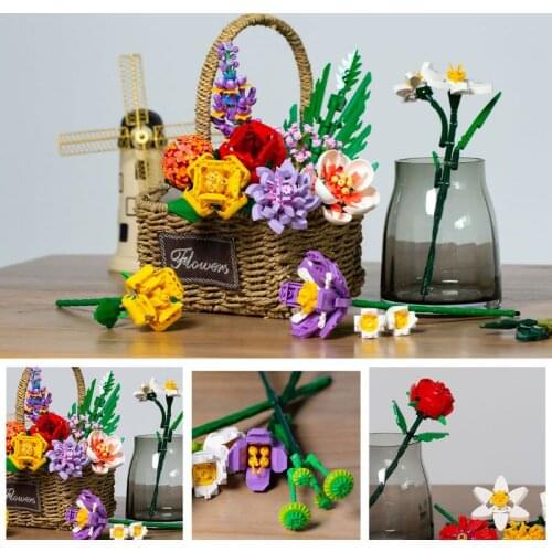 MOC Rose Chrysanthemum Sunflower Jasmine Flower Compatible Building Blocks Bricks Part Friends Education Montessori Toys For Kid