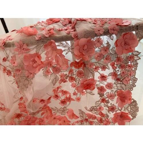 1 Yards Carol Pink 3D Lace Fabric With Flowers Bridal 3D Flowers Fabric Heavy Bead Lace Fabric With 3d Flower
