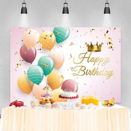 Laeacco Balloons Happy Birthday Photo Backdrop Gold Crown Ribbon Celebration Party Baby Customized Poster Photography Background