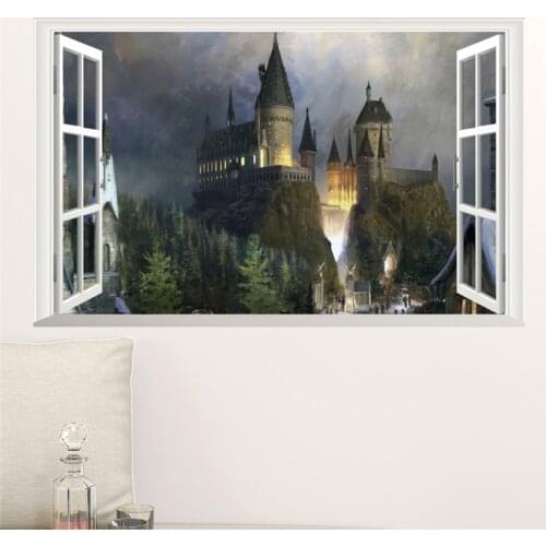 Cartoon Wall Stickers For Kids Rooms Bedroom Living Room 3D Window Hogwarts Wall Decals Poster