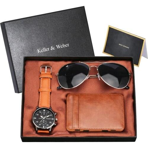 Keller & Weber Men Watch Sets with Magic Card Pack Fashion Sunglasses Birthday Thanksgiving Gift Mens Wristwatch Set