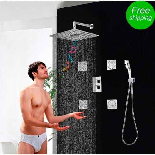 Shower Set Music FM Radio Bluetooth Rain Shower 3 Ways Thermostatic Mixing Valve Massage Jets Square Shower Head 400x300mm Units