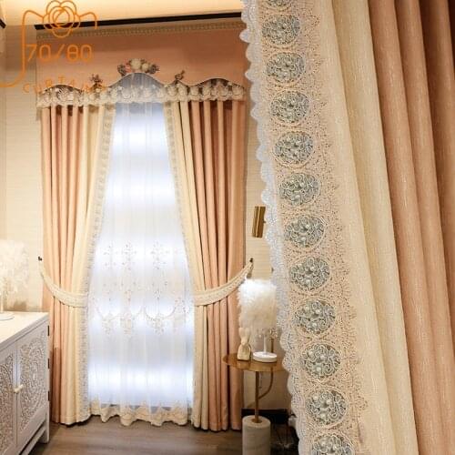 Nordic Light Luxury Lace Stitching Pink Curtains Blackout Curtains for Living Room Bedroom Finished Product Custom Made