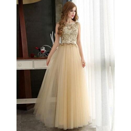 Prom Dresses Light Gold Lace Tulle Long Graduation Dress Bow Sash Floor Length Party Dress Evening Dresa