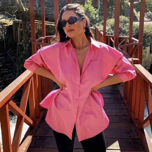 ZXQJ Vintage Women Oversize Pink Shirts 2021 Summer Fashion Ladies Long Sleeve Shirt Loose Girls Soft Cotton Chic Tops Stylish