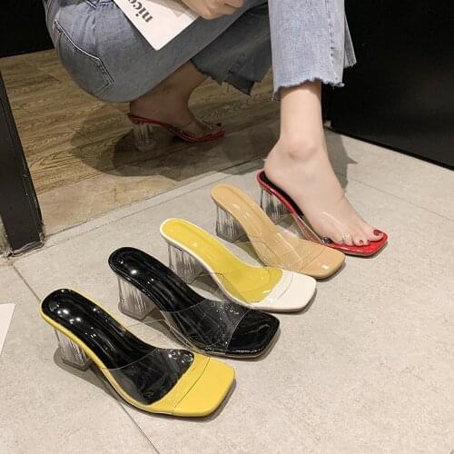 Transparent High Heels Women Square Toe Sandals Summer Shoes Woman Clear High Pumps Wedding Jelly Buty Damskie Heels Slippers