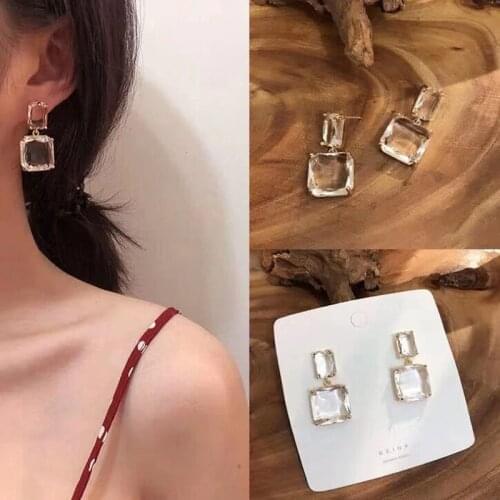 Fashion Simple Geometric Transparent Crystal Square Earrings Alloy Metal Hanging Earrings Exaggerated For Women Trendy Jewelry