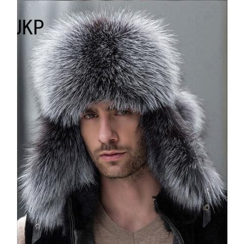 Star Fur 2020 Genuine Silver Fox Fur Hats Men Real Raccoon Fur Lei Feng Cap for Russian Men Bomber Hats with Leather Tops 1002