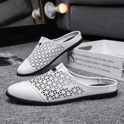 FIXSYS Man Slippers Summer Breathable Mules Outdoor Non-slip Half Shoes Leather Sandals Lightweight Hollow Slides Half Loafers