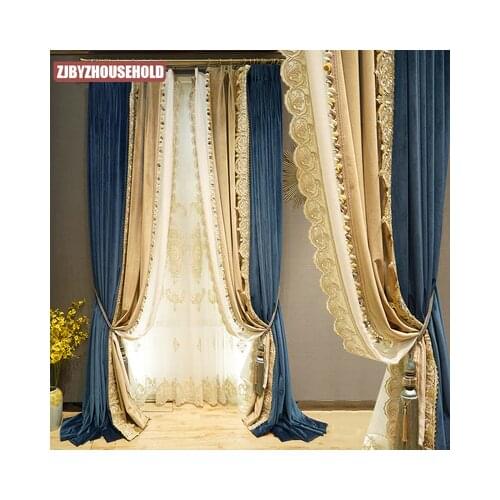 High-end European Style Lace Stitching Velvet Curtains Blackout Curtains for Living Room and Bedroom Finished Products