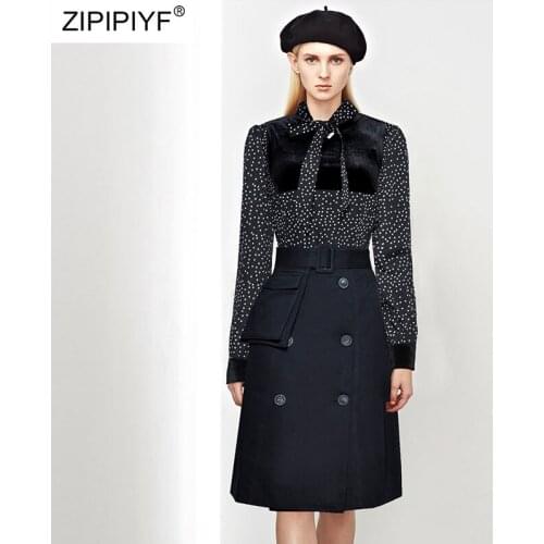 2021 Summer Runway Fashion Elegant Women Dot Printing Long Sleeve Bow Bandage Neck Blouse High Waisy Double Breasted Skirts Z412
