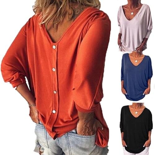 Female Tee Solid Color Basic Buttons T Shirt Women Casual V-neck Autumn Long Sleeve Loose Top Woman T-shirt Plus Size S-5XL