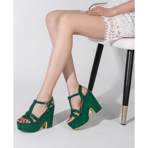 Ochanmeb Gothic Chunky High Heels Sandals Women Faux Suede Black Green T-strap Platform Goth Sandals Shoes Summer Woman Footwear