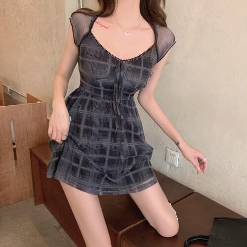 Womens Dresses Japanese Harajuku Vintage Ladies Ulzzang Dark Plaid Dress Female Korean Kawaii Cute Clothing For Women