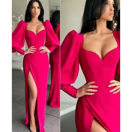 Sexy Mermaid Rose Red V-Neck Satin Evening Dresses Long Sleeved Zipper Back Satin Abendkleider Robes de Soirée for Women