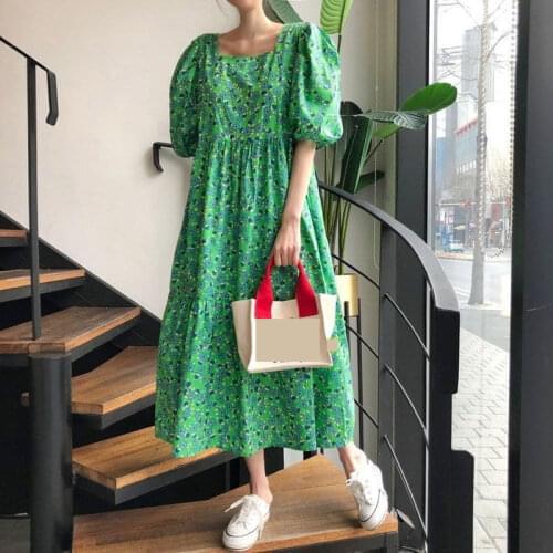 Green Summer Floral Dresses Women 2021 New Casual Print Long Dress Vintage Short Sleeve Bubble Sleeve Loose Dress Vestidos 15207