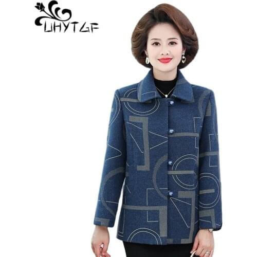 UHYTGF 2021 Spring Autumn Woolen Coat Womens Fashion Single-Breasted Casual Mother Jacket Stripes Loose 4XL Plus Size Tops 1770
