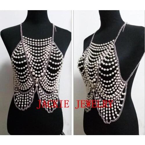 FREE SHIPPING NEW STYLE B707 Women Fashion Silver Chains White Imitation Pearls Bra Chains Body Chains Jewelry 2 Colors