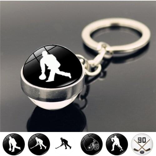 Elegant Ice Hockey Keychain Vintage Style Hockey Players Profile Silhouette Double Side Glass Ball Key Chain Holder Father Gift