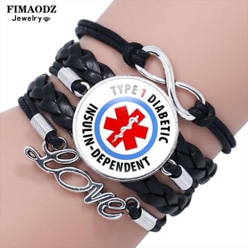 FIMAODZ Medical Alert Leather Bracelet Diabetic Diabetes Awareness Art Pattern Glass Round Multi-layer Love Bangle for Men Women