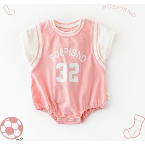 Summer College Style Newborn Baby Girls Fake Two - Piece Jersey Number 32 Pure Cotton Short-Sleeved Cool Bag Fart Clothes