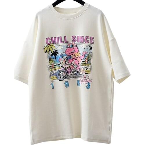 2021 ZuoLunOuBa Summer Casual Women T Shirt Cotton Sanding Print Comics Ride Motorcycle Pink Dinosaur Fashion Tees Tops Female