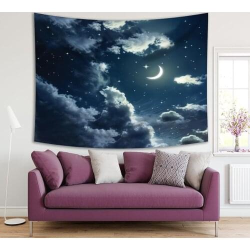 Tapestry Clouds Shining Stars and New Moon Lunar Month Nature Digital Artwork Printed Blue White