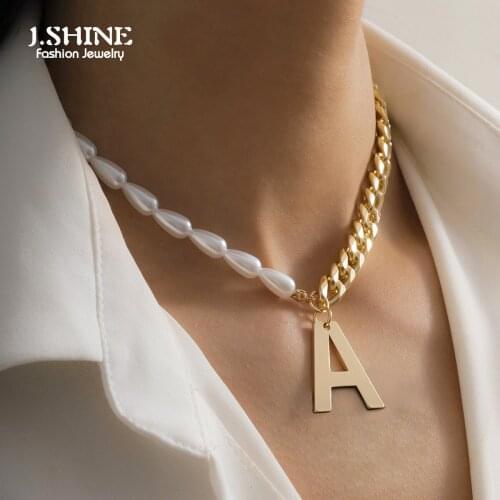 JShine Asymmetric Imitation Pearl Curb Chain Choker Necklace Punk Initial Letter A Pendant Necklaces for Women Clavicle Jewelry